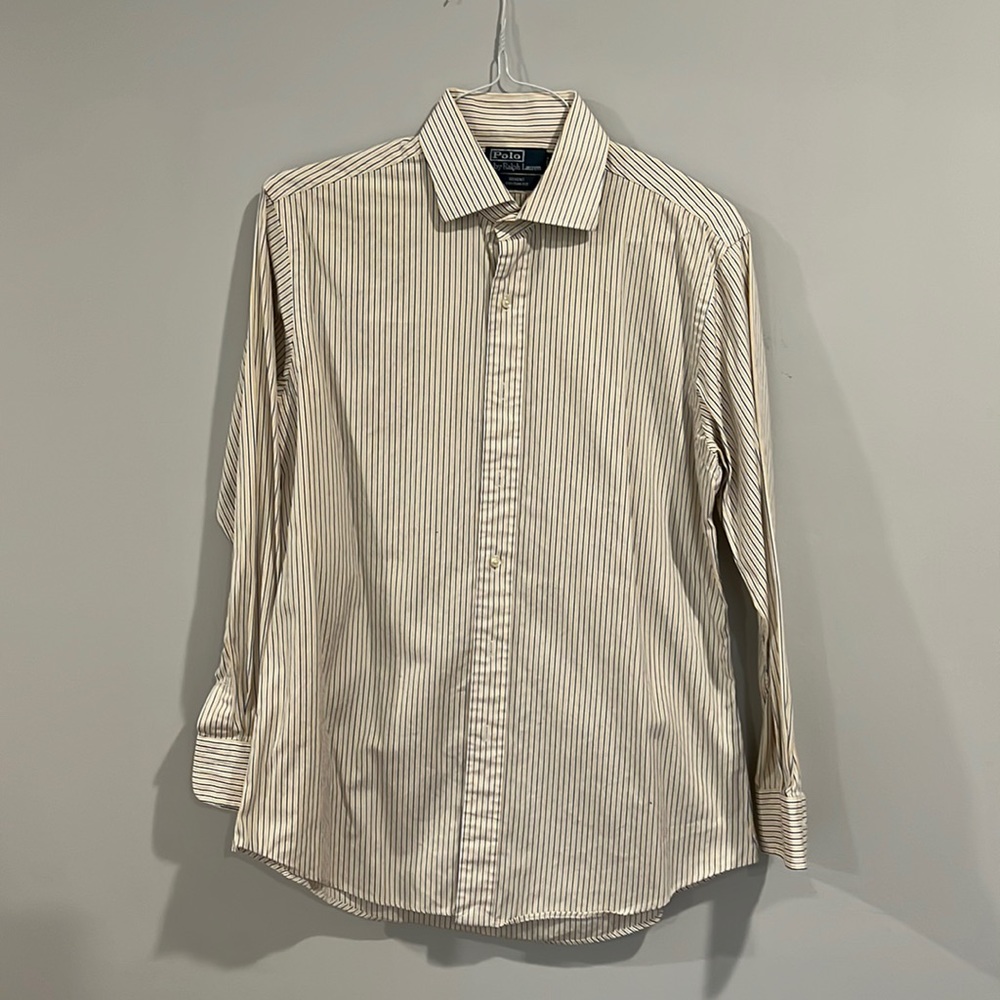 Polo Ralph Lauren Dress Shirt White with Gold and Blue Stripes 16 32/33 Slim Fit